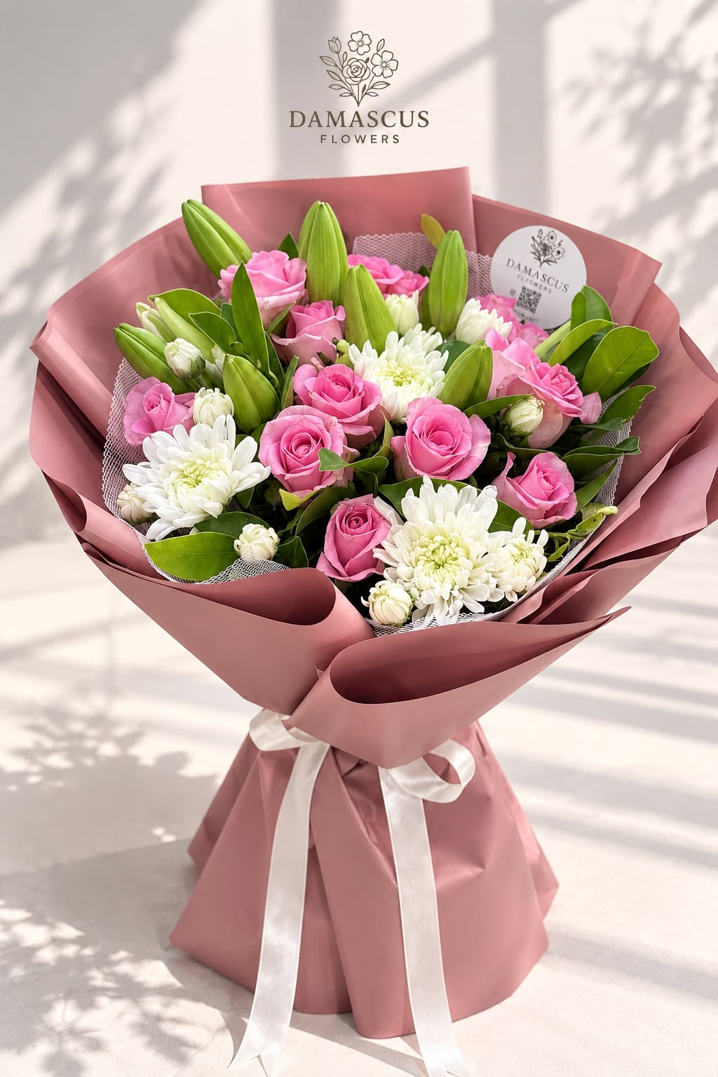 تفاصيل باقة وردية هادئة — Damascus Flowers