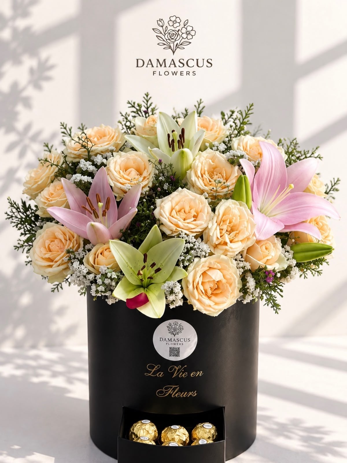 تفاصيل بوكس ألوان الطبيعة — جوري خوخي وليليوم — Damascus Flowers